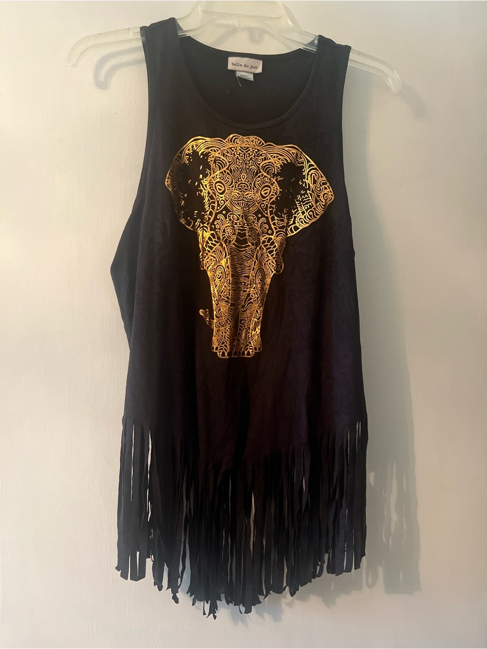 Belle Du Jour Black Fringe Tank with Metallic Gold Elephant Motif